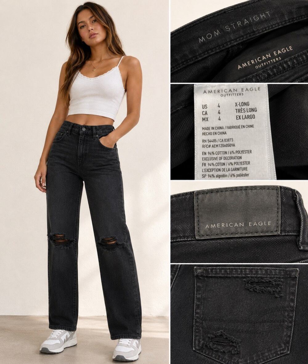 American Eagle Women's Mom Straight Jeans Size 4 Long Black Wash Distressed Punk